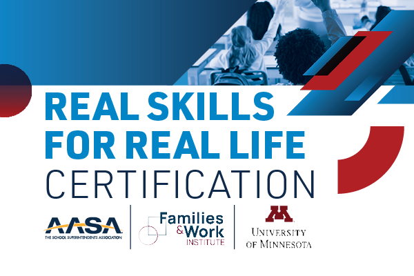 Real Skills for Real Life Certification Program with blue, red and white shapes