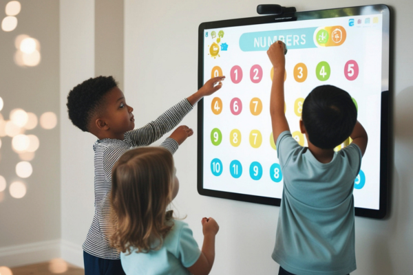 young children pointing to numbers on a screen