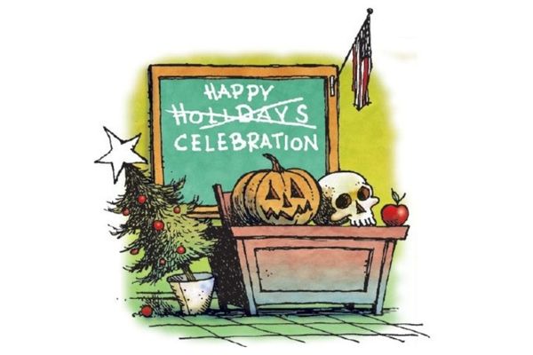 Cartoon of holiday decorations by a blackboard