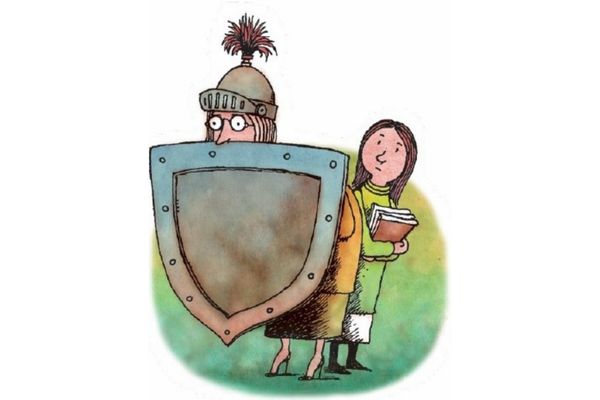 Cartoon depicting teacher as knight with shield in front of student