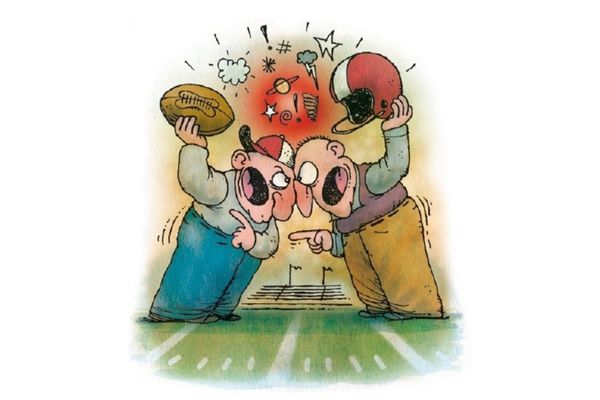 Cartoon of coach and parent arguing on football field