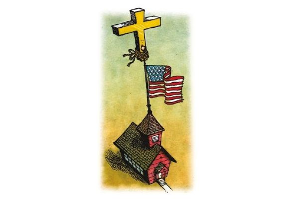 Cartoon depicting a cross on top of a school building