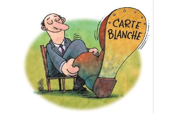Cartoon of man putting on large boot that says "Carte Blanche"