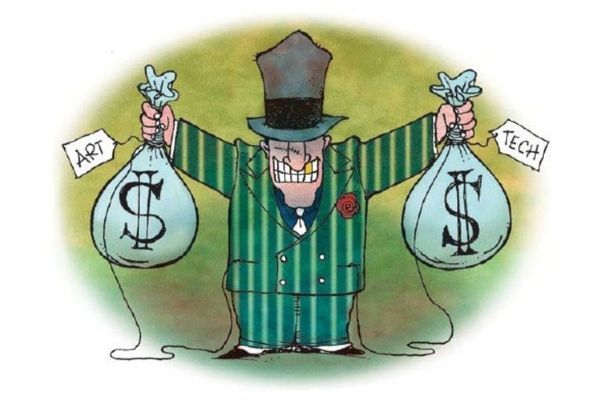 Cartoon of a man in a suit holding money bags