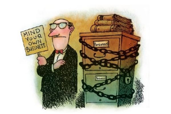 Cartoon of man guarding locked personnel files