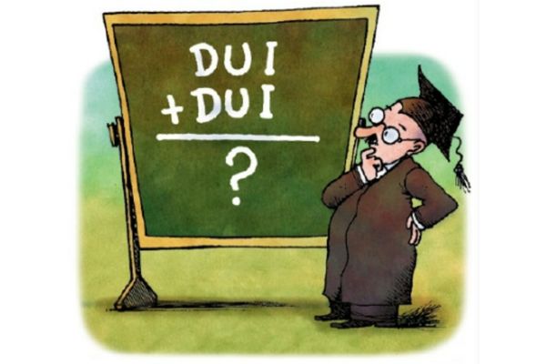 Cartoon of man looking at a chalkboard that says "DUI + DUI = ?"