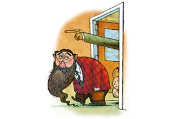 Cartoon of man with beard being shown the door