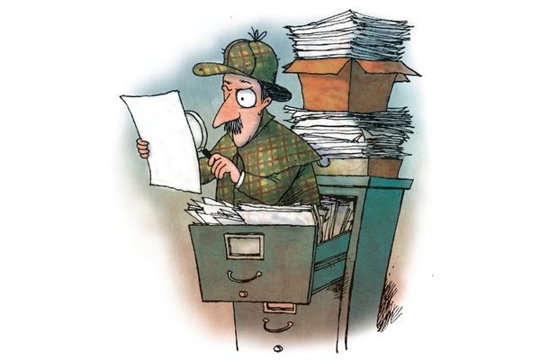Cartoon of Sherlock Holmes type character inspecting files in a file cabinet