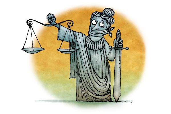 Cartoon of a gagged justice statue