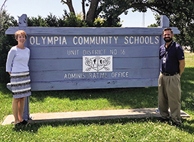 Sarah Diel-Hunt, associate vice president for academic affairs at Heartland Community College in Normal, Ill., and Andrew Wise, superintendent of nearby Olympia Community Unit School District 16, outside the district headquarters.