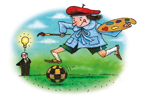 Cartoon of an artist playing soccer