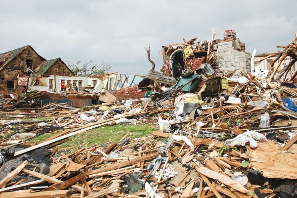 Wreckage and debris after a tornado