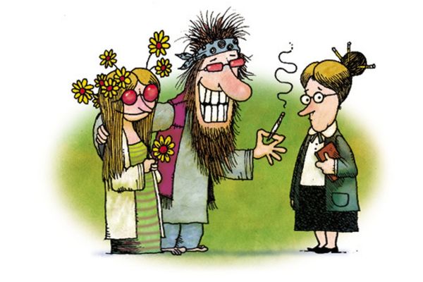 Cartoon of parents offering marijuana to administrator