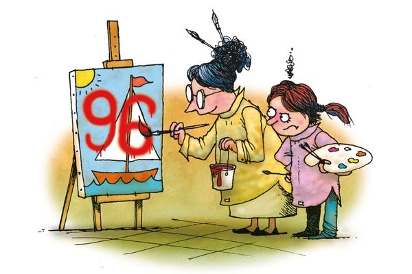 Cartoon of teacher painting a 96 on student's art