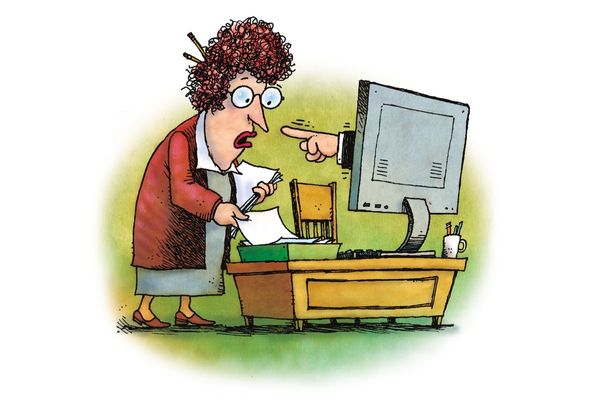 Cartoon of finger pointing at woman out of a computer screen