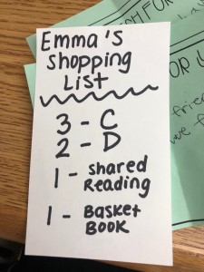 a paper reads Emmas shopping list 
