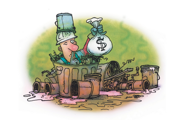 Cartoon of a man in trash offering hush money