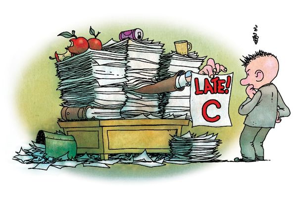 Cartoon depicting a graded paper that says "Late! C"