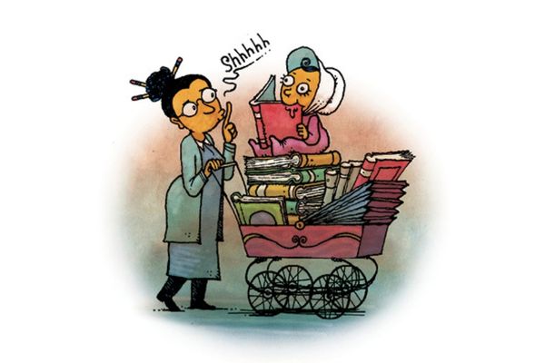 Cartoon of baby on books