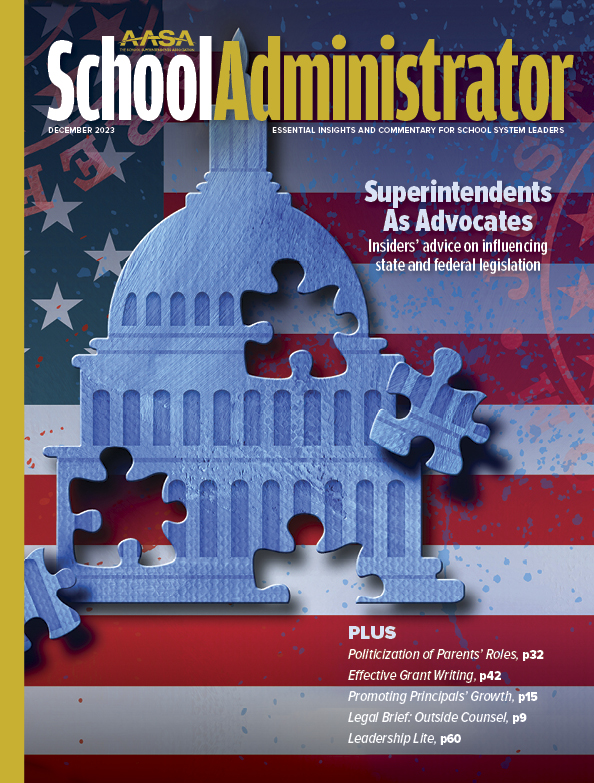 School Administrator magazine cover with blue Capitol Hill missing puzzle pieces in front of American flag backdrop
