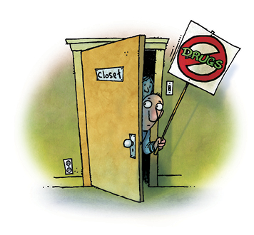 Illustration of man peeking out of closet with sign that says "drugs" crossed out