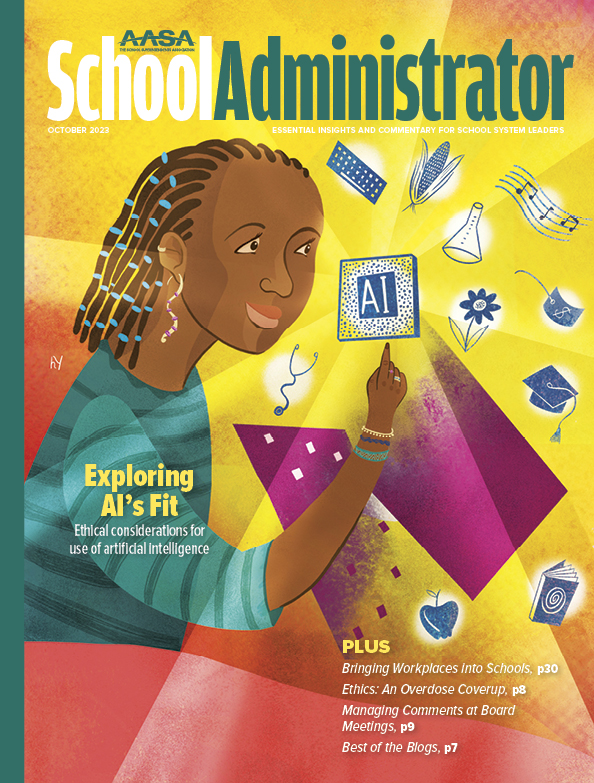 October School Administrator cover showing young Black girl with braids touching AI icon while other career related icons show