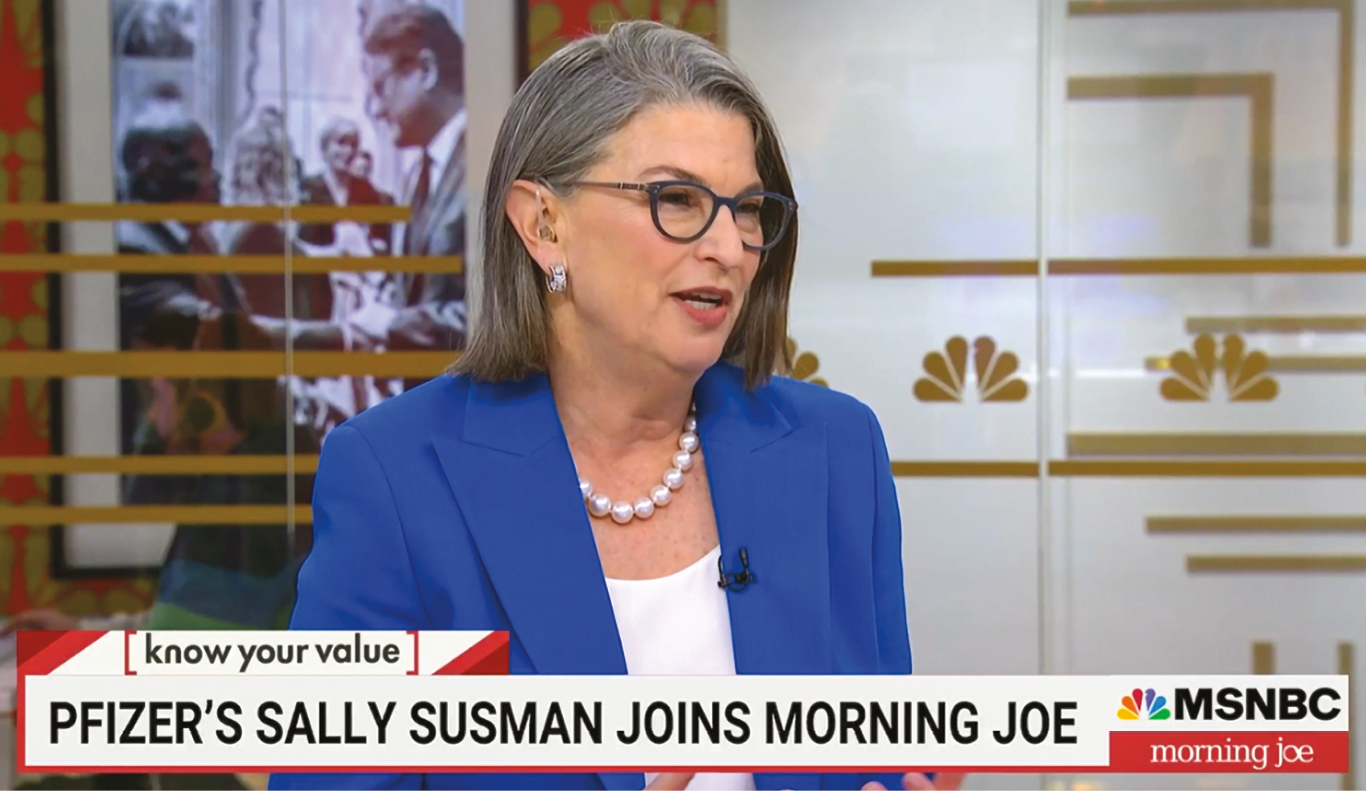A White woman with gray hair wearing a blue blazer, white top and necklace, and glasses on MSNBC. Line reads