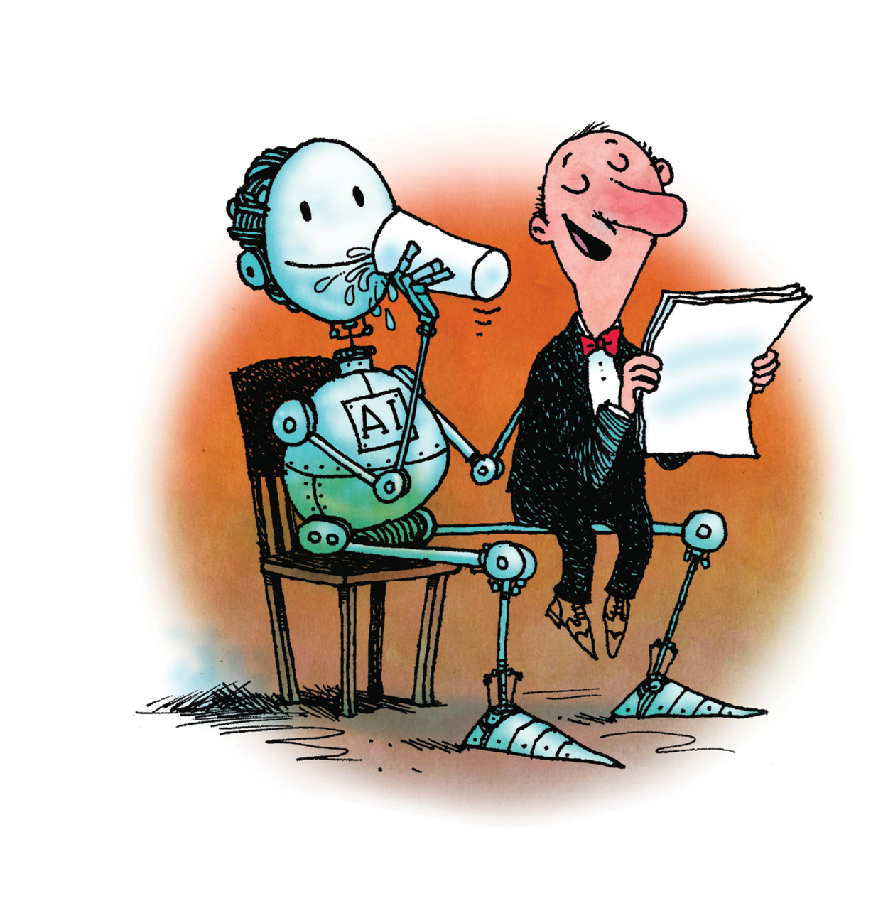An illustration of a robot seated drinking coffee and a man reading a paper while seated on the robot's lap