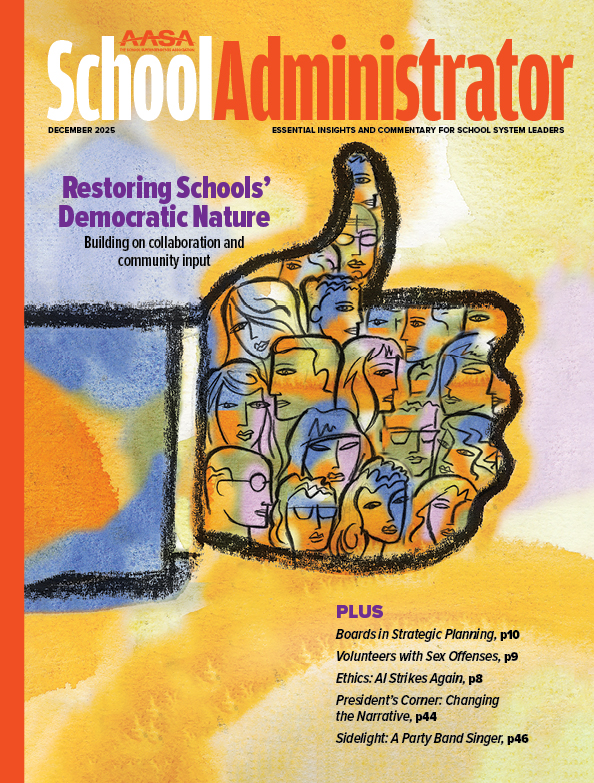 School Administrator December 2025, colorful with illustration of a thumb filled in with a lot of faces