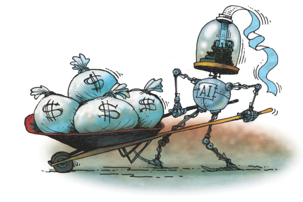Illustration of AI robot pushing wheelbarrow full of money sacks