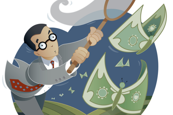 Illustration of man in suit trying to catch cash with a net