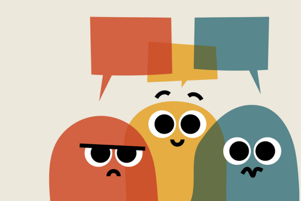 Illustration of three figures with different emotions