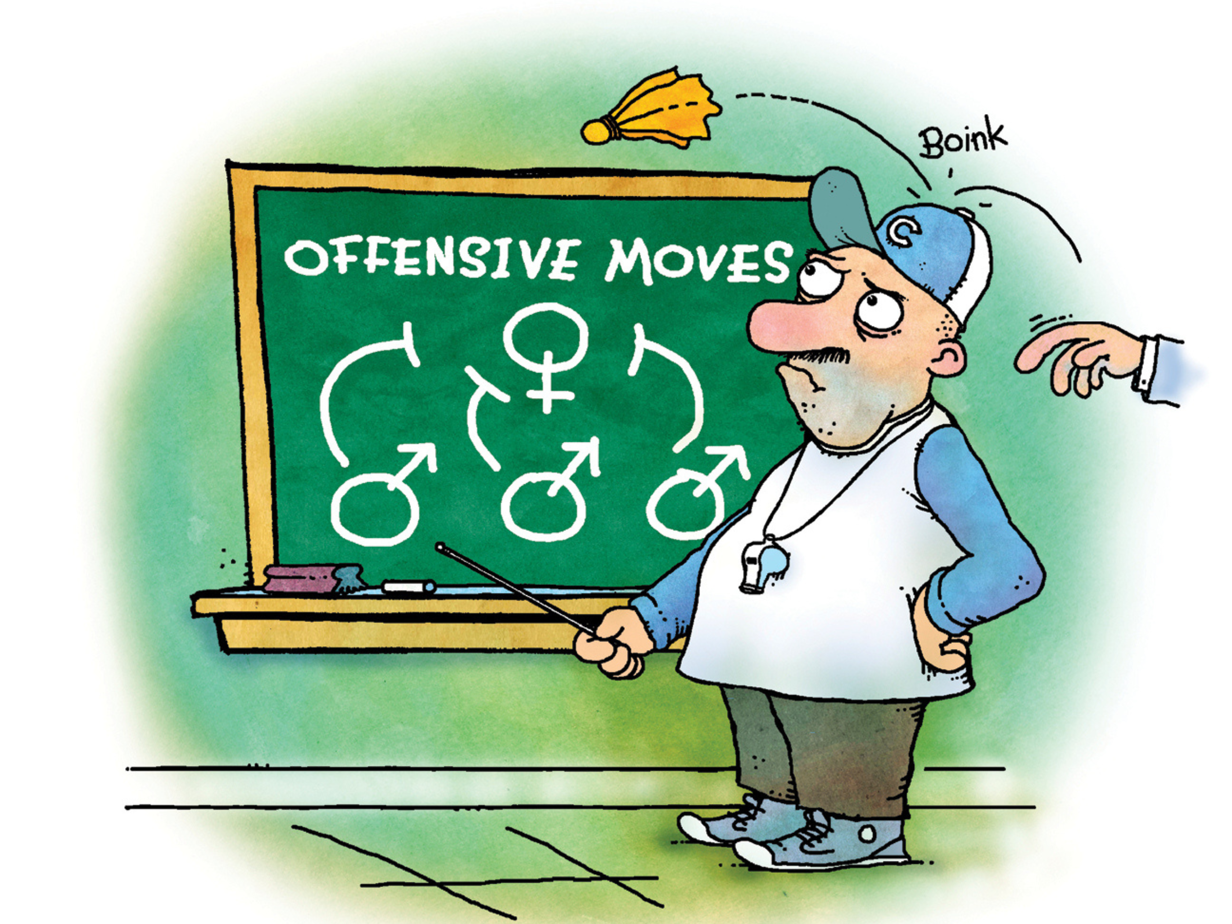 illustration coach at whiteboard saying offensive moves