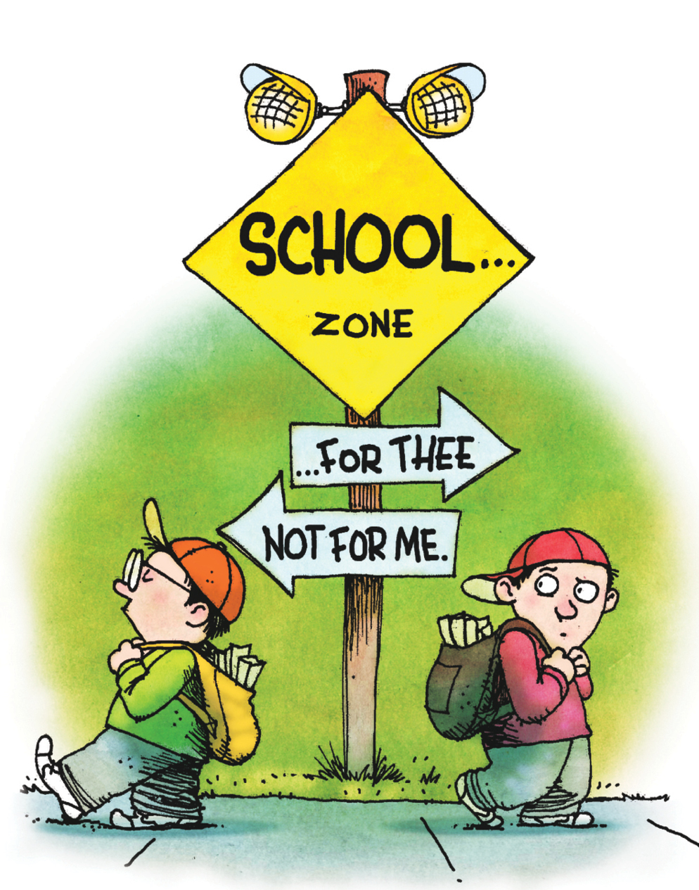 Illustration of kids going into two different school zones
