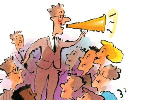 Illustration of man talking to crowd through megaphone
