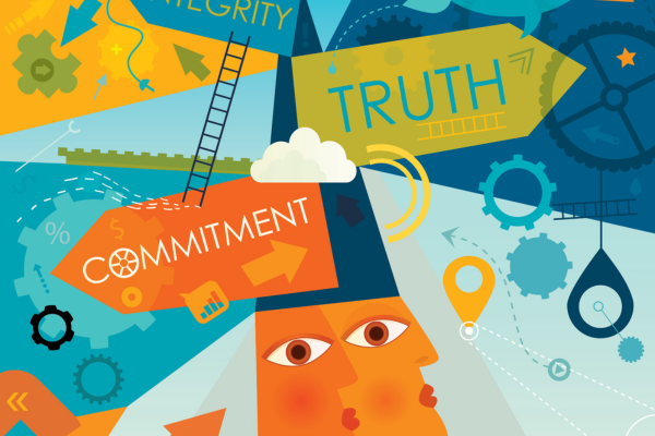 Illustration of person with signs saying "integrity" "truth" and "commitment" pointing in various directions