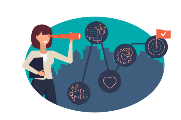 Illustration of woman looking through telescope at different icons