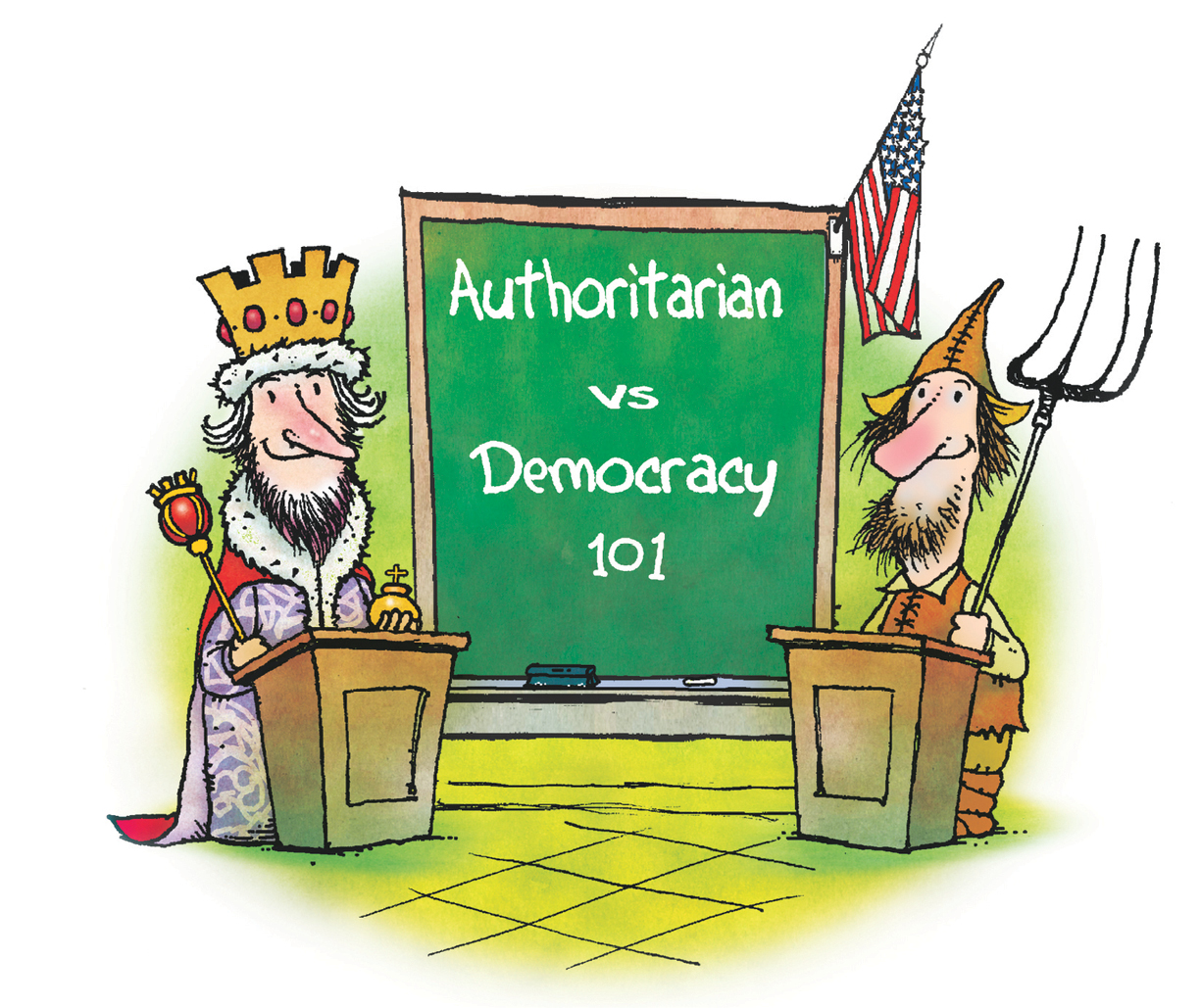 illustration of man wearing crown and man holding pitchfork holding podiums