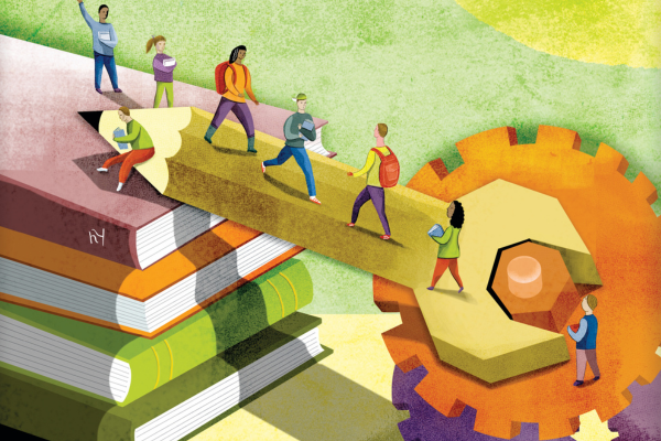 illustration showing people walking over bridge shaped like wrench and pencil