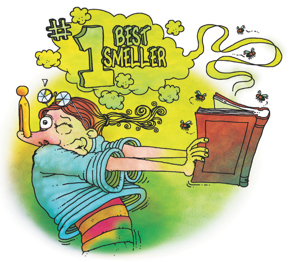 Illustration of person with nose pinned shut holding stinky book, with text showing