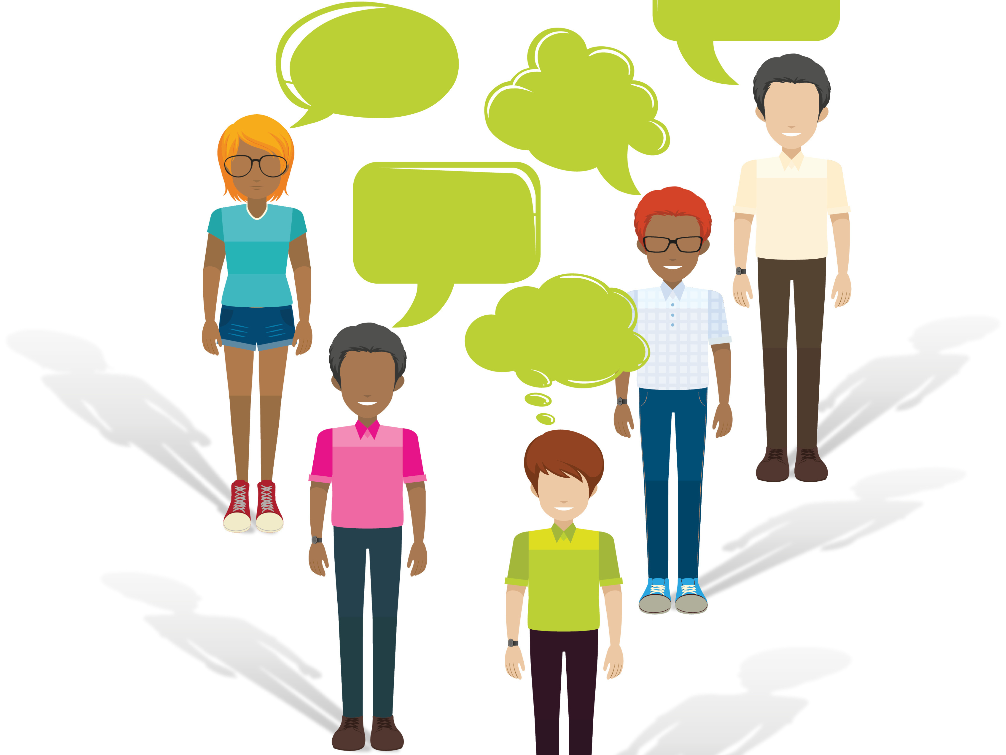 Illustration of several people with green speech bubbles