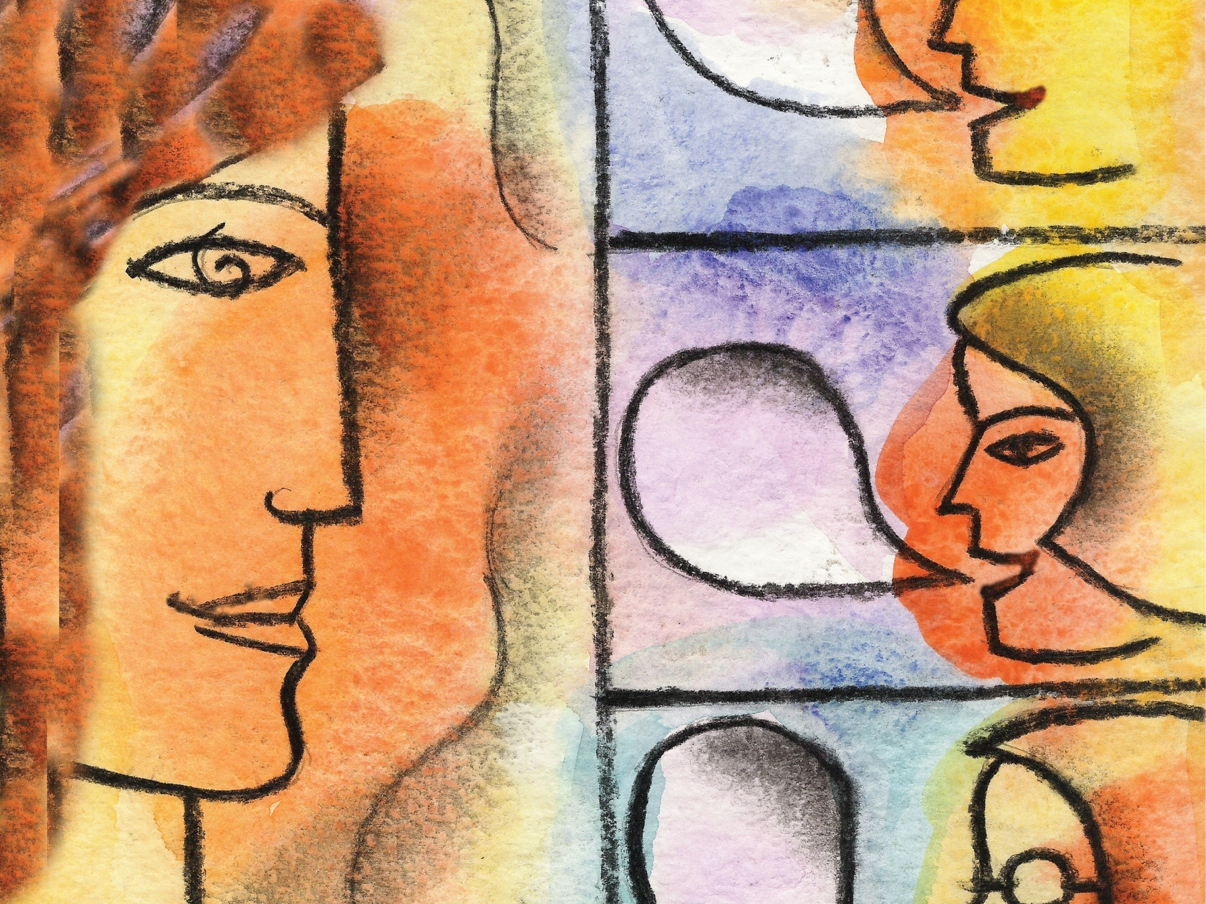Illustration of woman and other people with speech bubbles