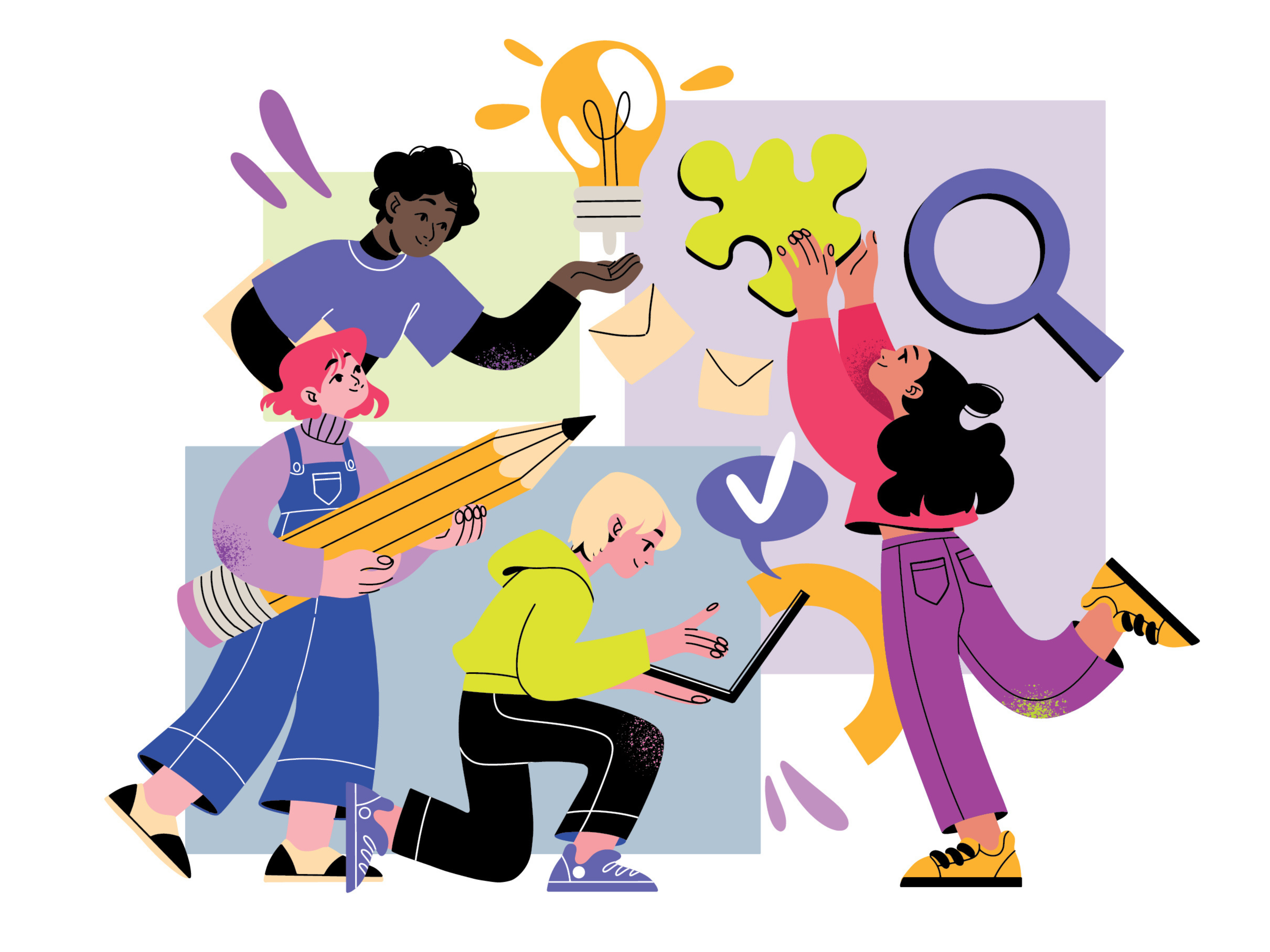Illustration of several students working together with pencil, lightbulb, etc.