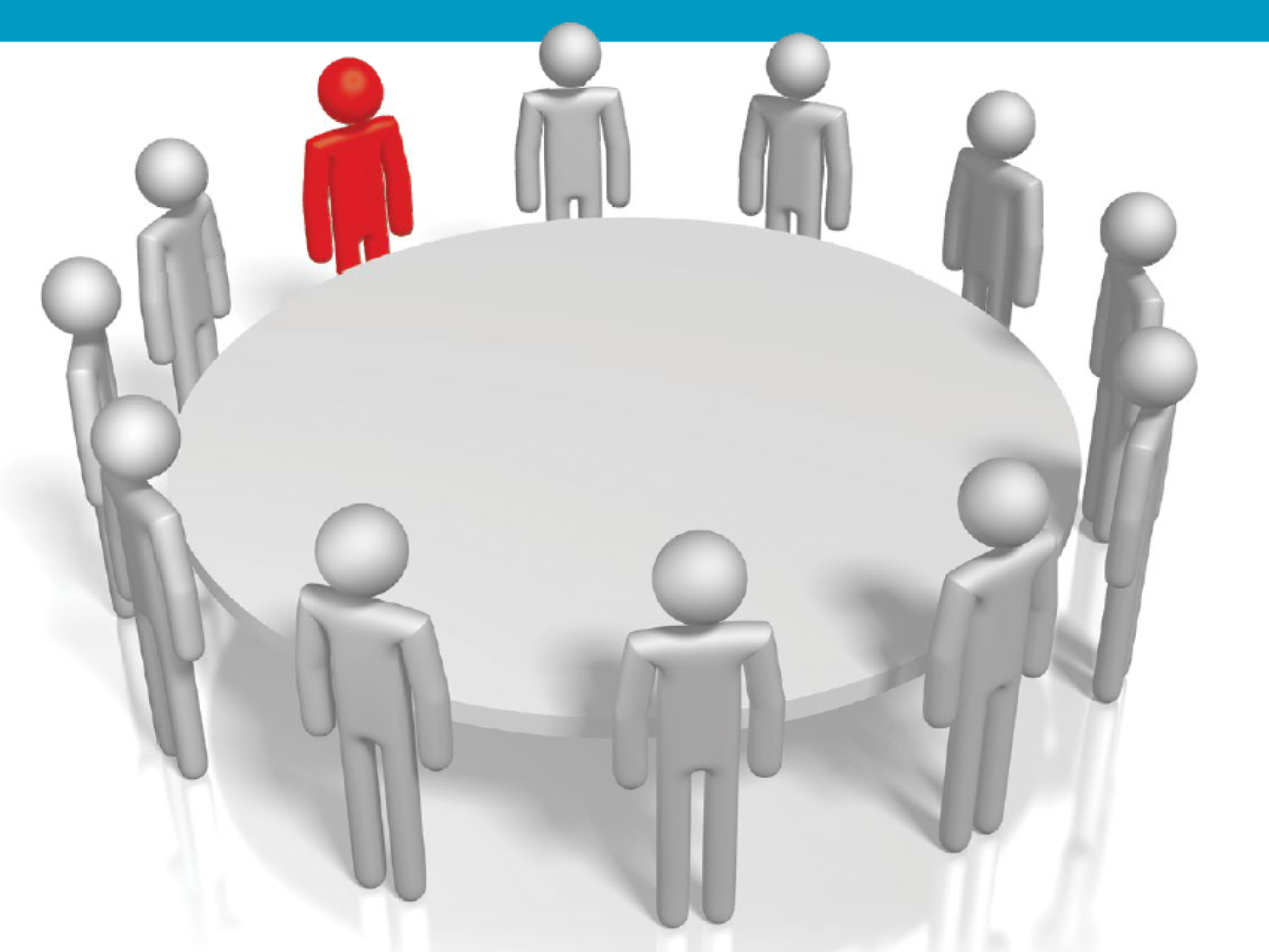Illustration of silver humanoids around silver table with one person being red