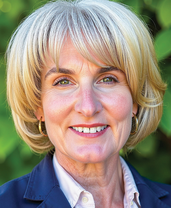 White blonde woman with bangs headshot
