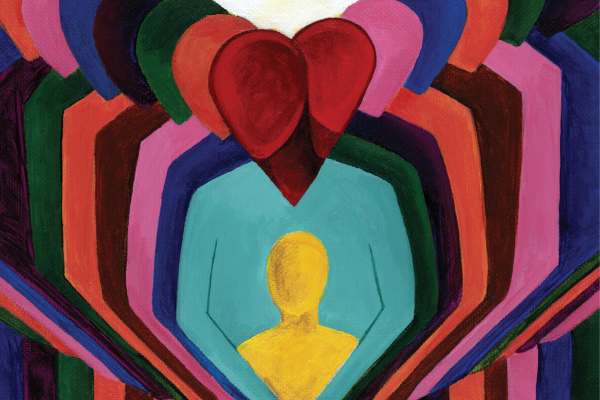 Illustrration of lots of people hugging a smaller person in front