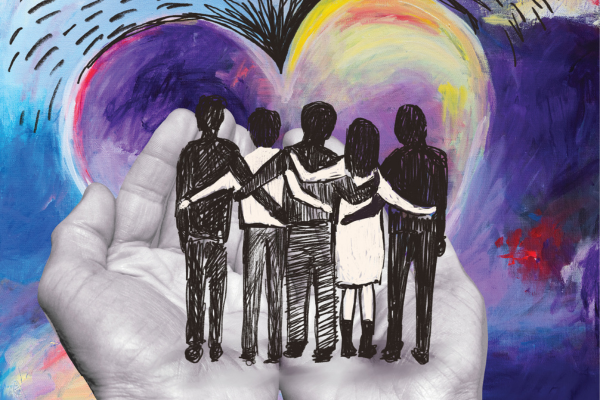 Illustration of group of people standing on top of outstretched palms