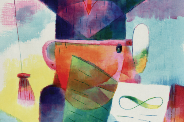 Abstract Illustration of boy with graduation cap holding paper with infinity sign