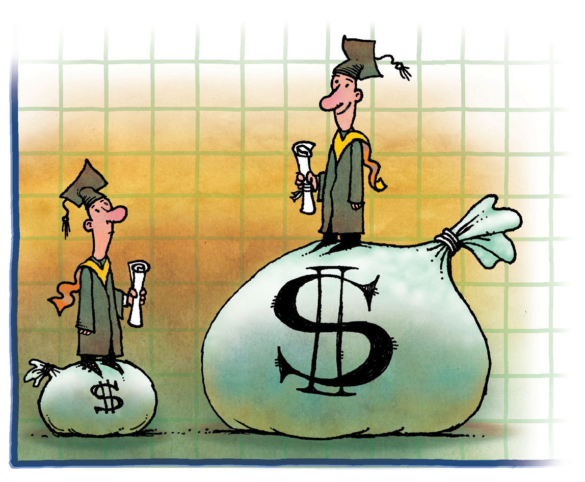 Illustration of two people standing on top of money bags, one very large, one very small