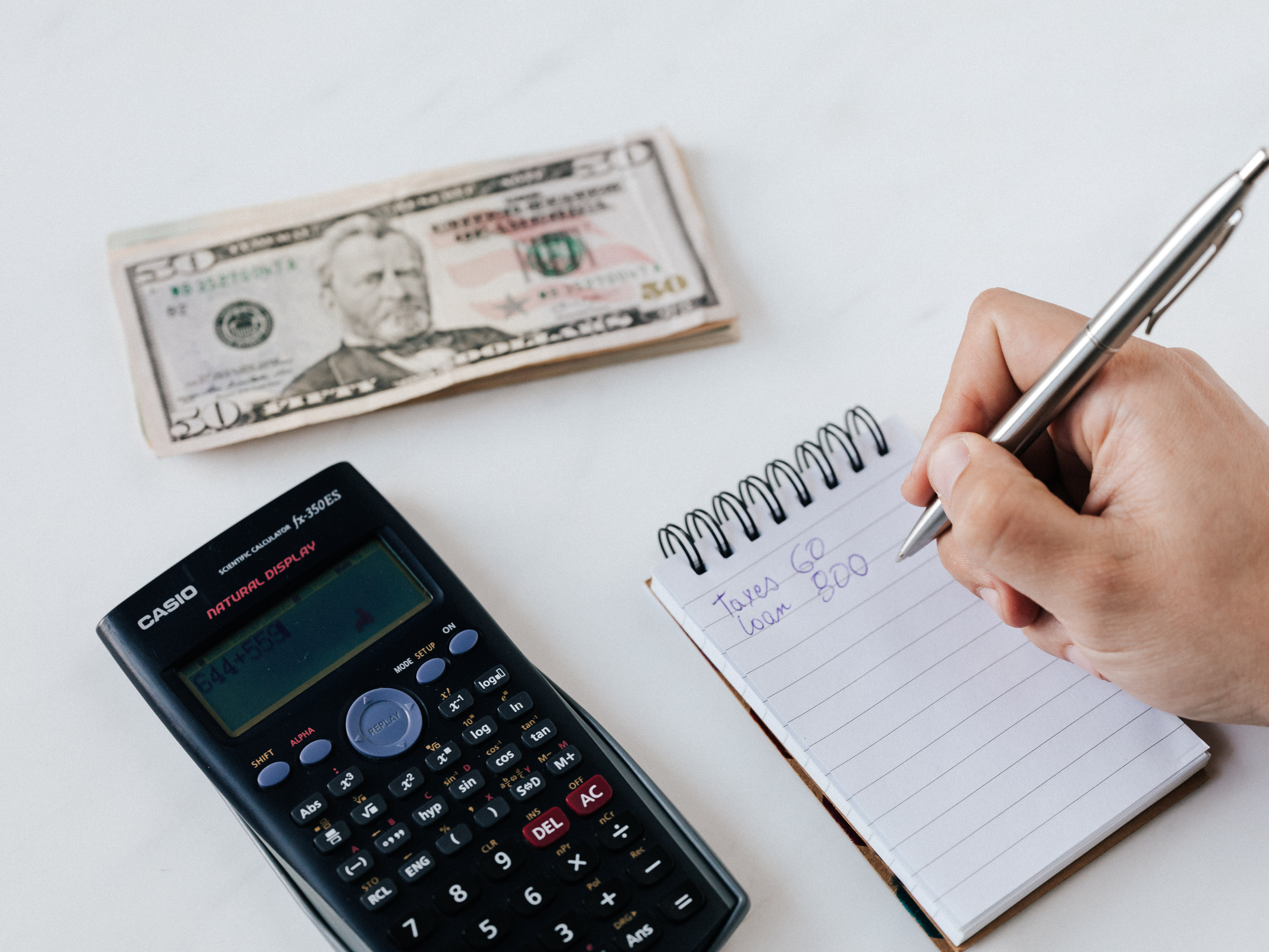 image of $50 bill, calculator and notepad